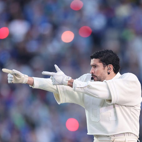 SANTA CLARA, CALIFORNIA - FEBRUARY 08: Bad Bunny performs onstage during the Apple Music Super BowlÂ LX Halftime Show at Levi's Stadium on February 08, 2026 in Santa Clara, California. (Photo by Kevin C. Cox/Getty Images)