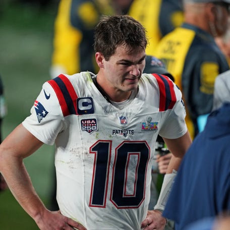 New England Patriots quarterback Drake Maye (10) exits the field after the loss against the Seattle Seahawks in Super Bowl 60.