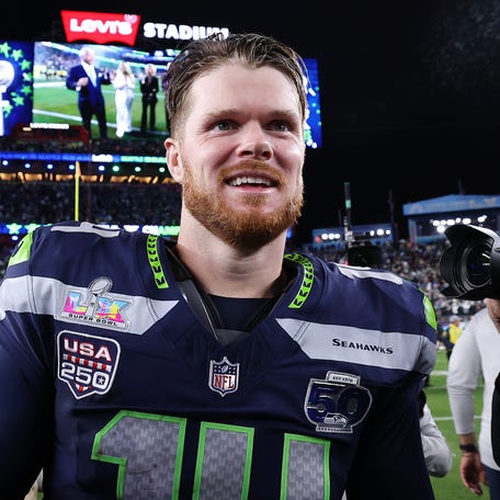 SANTA CLARA, CALIFORNIA - FEBRUARY 08: Sam Darnold #14 of the Seattle Seahawks celebrates after defeating the New England Patriots 29-13 to win Super Bowl LX at Levi's Stadium on February 08, 2026 in Santa Clara, California. (Photo by Kevin C. Cox/Getty Images)