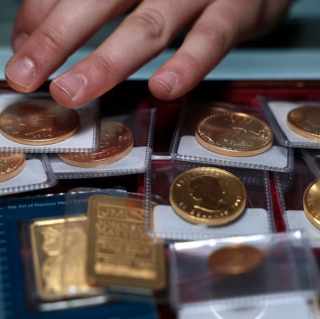 In this photo illustration, gold coins are displayed at Witter Coins on October 07, 2025, in San Francisco, Calif. Investors (Photo Illustration by Justin Sullivan/Getty Images)