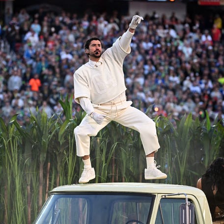 Puerto Rican singer Bad Bunny performs during Super Bowl LX Patriots vs Seahawks Apple Music Halftime Show at Levi's Stadium in Santa Clara, California on Feb. 8, 2026.