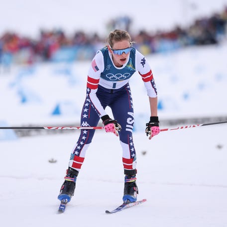 VAL DI FIEMME, ITALY - FEBRUARY 07: Jessie Diggins of Team United States reacts after competing in the Women's 10km + 10km Skiathlon on day one of the Milano Cortina 2026 Winter Olympic games at Tesero Cross-Country Skiing Stadium on February 07, 2026 in Val di Fiemme, Italy. (Photo by Alex Pantling/Getty Images)