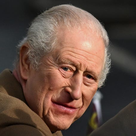 King Charles III arrives at Clitheroe Station during his visit to Lancashire on Feb. 9, 2026, in Clitheroe, England.