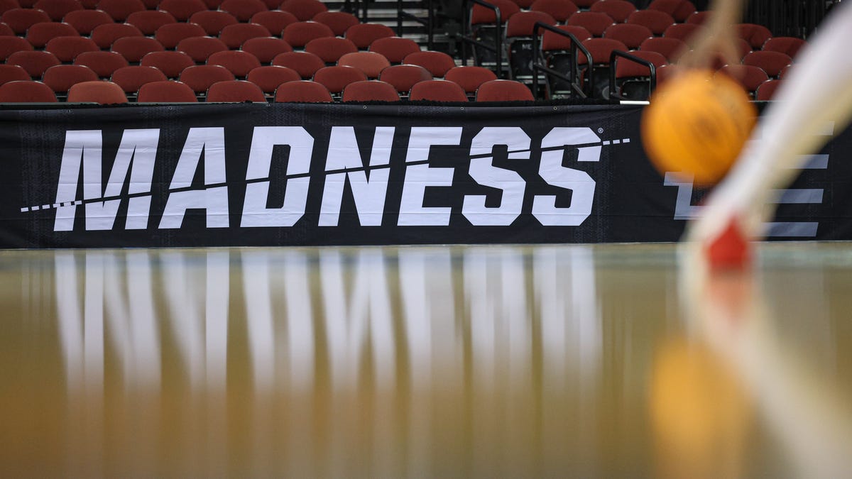 Mar 26, 2025; Newark, NJ, USA; General view of a NCAA March Madness logo during a practice sessions in preparation for an East Regional semifinal games at Prudential Center. Mandatory Credit: Vincent Carchietta-Imagn Images