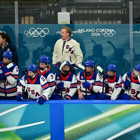 United States coach John Wroblewski during the match against Switzerland in women's ice hockey group A play at the Milano Cortina 2026 Olympic Winter Games.