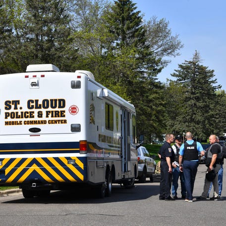 A St. Cloud Police Department mobile incident command unit parked near the scene of an incident in Minnesota.