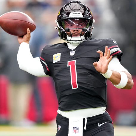 Arizona Cardinals quarterback Kyler Murray (1) warms up before their game against the Tennessee Titans at State Farm Stadium in Glendale, Arizona on Oct. 5, 2025.