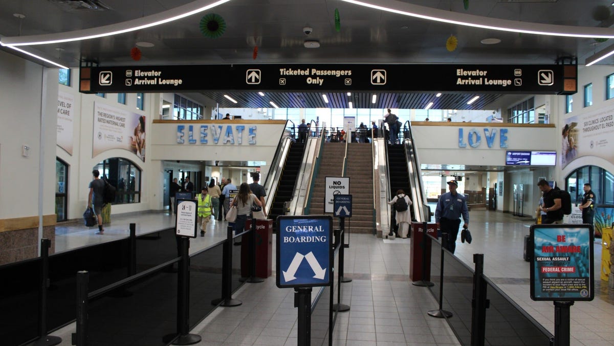Travelers wind their way through security at the El Paso International Airport on April 16, 2025.