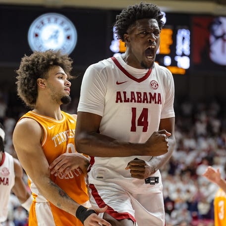 TUSCALOOSA, ALABAMA - JANUARY 24: Charles Bediako #14 of the Alabama Crimson Tide reacts after a big second half basket by his team as they take on the Tennessee Volunteers at Coleman Coliseum on January 24, 2026 in Tuscaloosa, Alabama. (Photo by Brandon Sumrall/Getty Images)