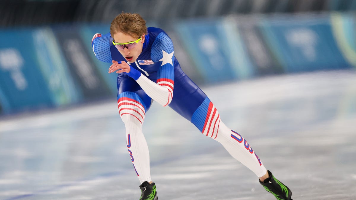 MILAN, ITALY - FEBRUARY 02: Jordan Stolz of Team United States of America trains during training on day minus four of the Milano Cortina 2026 Winter Olympic games at Milano Speed Skating Stadium on February 02, 2026 in Milan, Italy. (Photo by Sarah Stier/Getty Images)