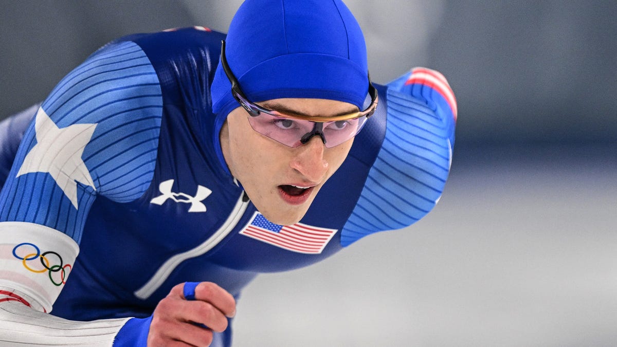 Jordan Stolz competes in the speed skating men's 1000m during the Milano Cortina 2026 Winter Olympic Games at Milano Speed Skating Stadium in Milan on February 11, 2026.