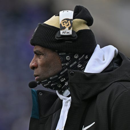 MANHATTAN, KS - NOVEMBER 29: Head coach Deion Sanders of the Colorado Buffaloes looks on from the sideline against the Kansas State Wildcats in the second half at Bill Snyder Family Football Stadium on November 29, 2025 in Manhattan, Kansas. (Photo by Peter Aiken/Getty Images)