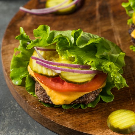 Gluten Free Paleo Bunless Cheeseburger with Lettuce and Tomato