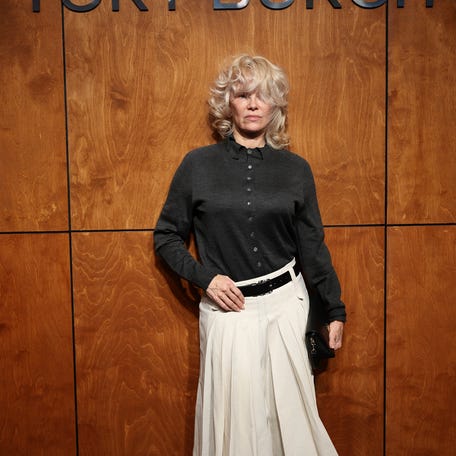 Pamela Anderson attends the Tory Burch fall/winter 2026 fashion show during New York Fashion Week at Sotheby's on Feb. 11, 2026, in New York City.
