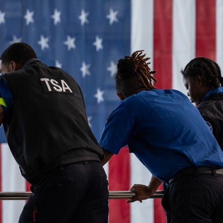 TSA agents on a break at Ronald Reagan Washington National Airport in Arlington, Virginia, on Nov. 10, 2025.