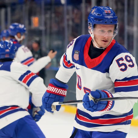 Jake Guentzel #59 of Team United States warms up before the Men's Preliminary Group C match between Latvia and United States on day six of the Milano Cortina 2026 Winter Olympic games at Milano Santagiulia Ice Hockey Arena on Feb. 12, 2026 in Milan, Italy.