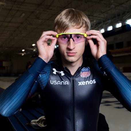 Olympic speedskater Jordan Stolz puts on his skating glasses at the Pettit National Ice Center on Saturday August 30, 2025 in Milwaukee, Wisconsin.