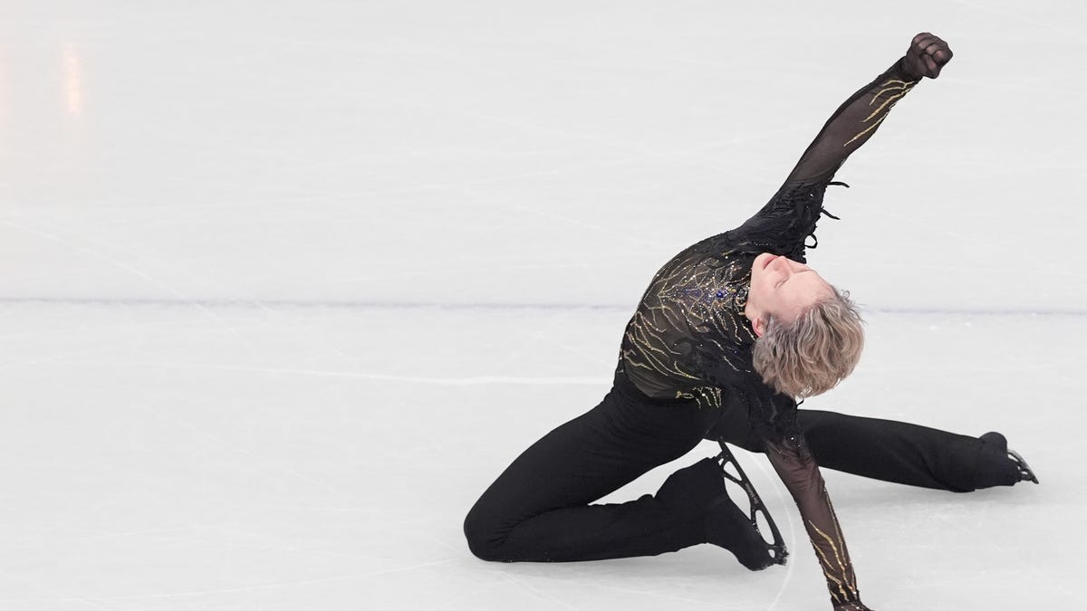 Ilia Malinin of the United States of America performs in the men's free skate during the Milano Cortina 2026 Olympic Winter Games at Milano Ice Skating Arena.