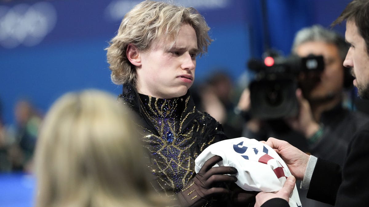 Feb 13, 2026; Milan, Italy; Ilia Malinin of the United States of America reacts after competing in the men's singles free program during the Milano Cortina 2026 Olympic Winter Games at Milano Ice Skating Arena. Mandatory Credit: James Lang-Imagn Images