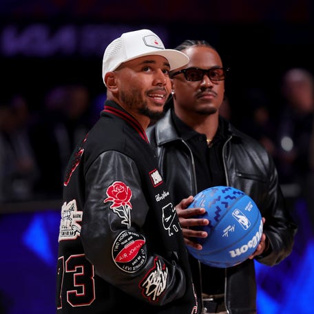 Mookie Betts of the Los Angeles Dodgers before the start of the Celebrity Game during 2026 NBA All-Star at The Kia Forum on February 13, 2026 in Inglewood, California.
