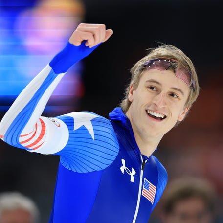 Feb 14, 2026; Milan, Italy; Jordan Stolz of the United States reacts after skating in the men's speed skating 500m during the Milano Cortina 2026 Olympic Winter Games at Milano Speed Skating Stadium. Mandatory Credit: Katie Stratman-Imagn Images
