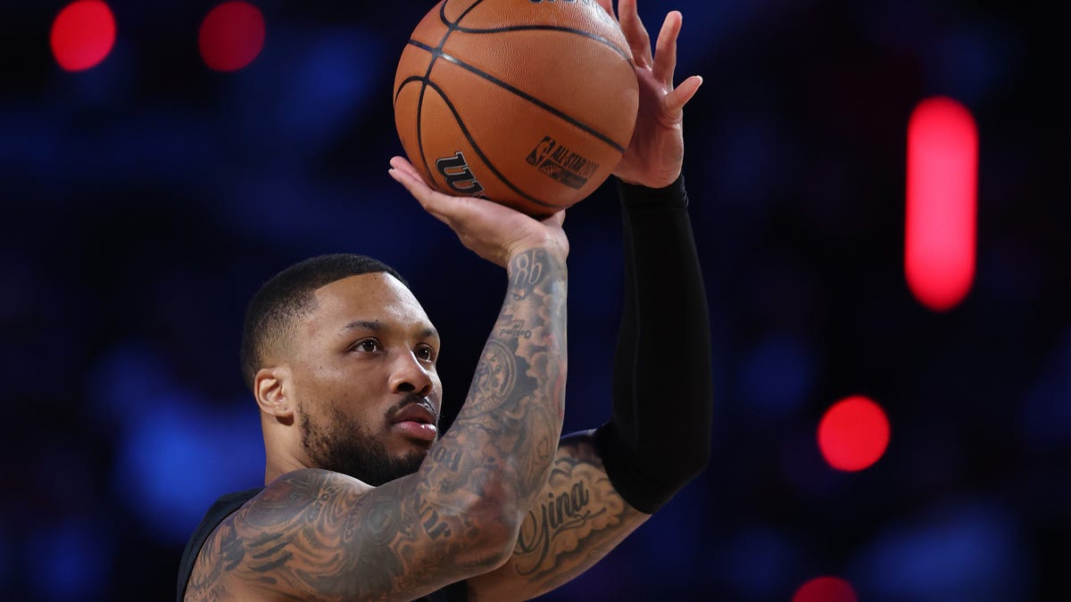 Damian Lillard #0 of the Portland Trail Blazers shoots a 3-pointer during the State Farm 3-Point Contest during 2026 NBA All-Star Weekend at Intuit Dome on February 14, 2026 in Inglewood, California.