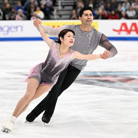 Emily Chan and Spencer Akira Howe compete in the Pairs Free Skate during the 2026 U.S. Figure Skating Championships at Enterprise Center.