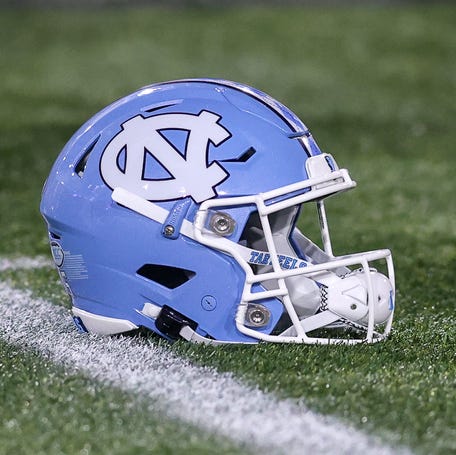 Oct 28, 2023; Atlanta, Georgia, USA; A detailed view of a North Carolina Tar Heels helmet on the field before a game against the Georgia Tech Yellow Jackets at Bobby Dodd Stadium at Hyundai Field. Mandatory Credit: Brett Davis-USA TODAY Sports