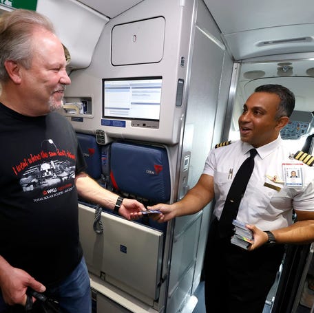 Captain Phil Daniels on Delta Air Lines flight 1218 from Austin, Texas to Detroit on Monday, April 8, 2024.