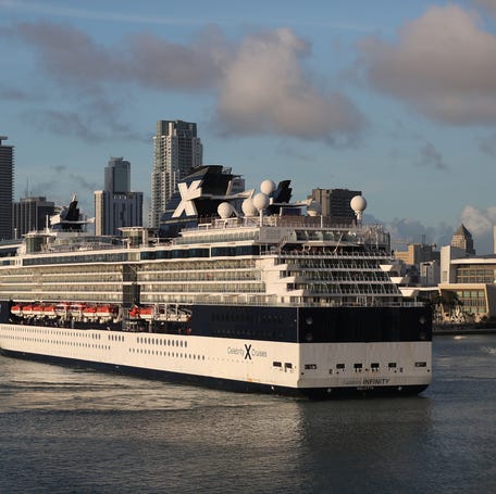 The Celebrity Infinity cruise ship returns to PortMiami from a cruise in the Caribbean on March 14, 2020 in Miami, Florida.
