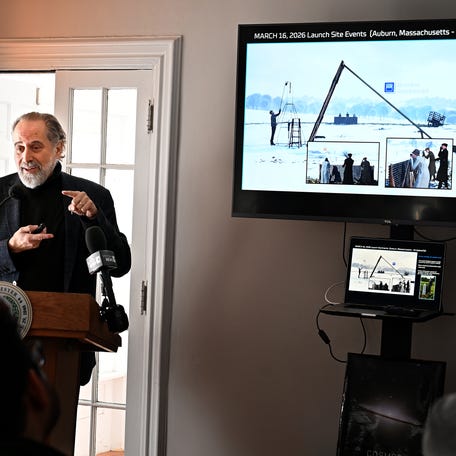 The Wonder Mission founder Charles Slatkin speaks during an unveiling the National Space Trail program in celebration of the 100th anniversary of Robert Goddard’s first rocket launch.