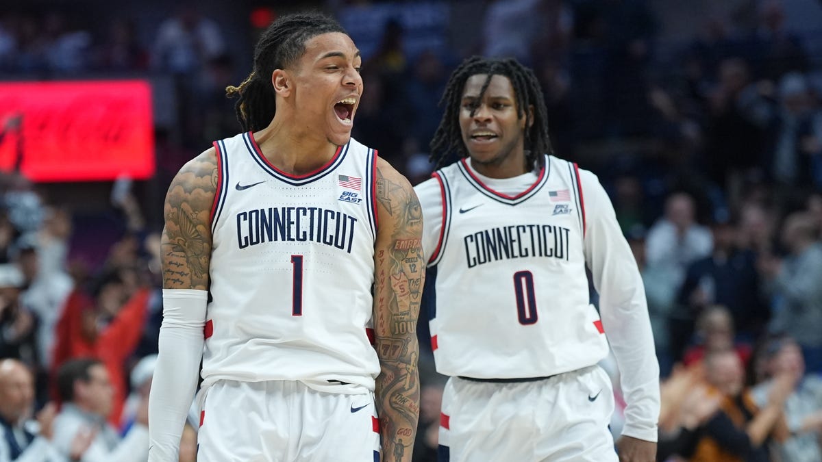Connecticut guard Solo Ball (1) reacts after his basket against Georgetown during their game at Harry A. Gampel Pavilion.