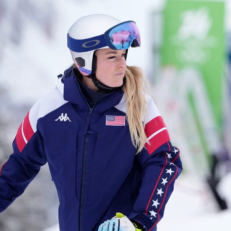 Feb 6, 2026; Cortina d'Ampezzo, ITALY; Lindsey Vonn of the United States looks on during downhill training session during the Milano Cortina 2026 Olympic Winter Games at Tofane Alpine Skiing Centre. Mandatory Credit: Eric Bolte-Imagn Images