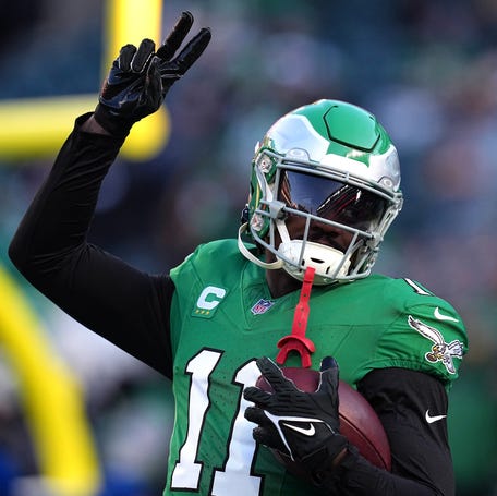 A.J. Brown #11 of the Philadelphia Eagles warms up prior to the game against the Washington Commanders at Lincoln Financial Field on January 04, 2026 in Philadelphia, Pennsylvania.