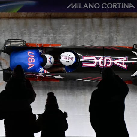 USA's Frankie Del Duca and USA's Joshua Williamson compete in the bobsleigh men's 2-man heat 3 at Cortina Sliding Centre during the Milano Cortina 2026 Winter Olympic Games in Cortina d'Ampezzo on Feb. 17, 2026.
