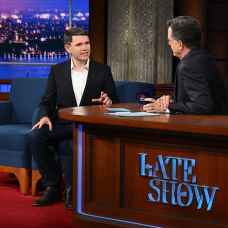 Stephen Colbert interviews Rep. James Talarico on Feb. 16, 2026. The conversation was released on the "Late Show" YouTube channel.