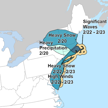 According to a map from the Weather Prediction Center, heavy snow, high winds, and significant waves are all in the forecast for the Northeast coast on Sunday Feb. 22 and Monday Feb. 23, 2026.