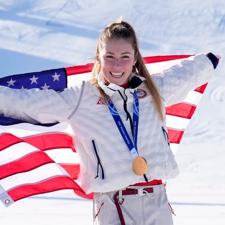 Gold medalist Mikaela Shiffrin of the United States celebrates during the medal ceremony for the women's slalom during the Milano Cortina 2026 Olympic Winter Games at Tofane Alpine Skiing Centre on Feb. 18, 2026