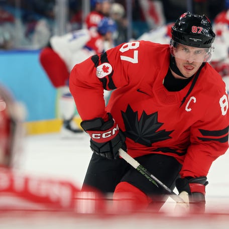 Sidney Crosby #87 of Team Canada warms up prior to the Men's Quarterfinals Playoff against Czechia on day 12 of the Milano Cortina 2026 Winter Olympic games at Milano Rho Ice Hockey Arena on February 18, 2026 in Milan, Italy. (Photo by Bruce Bennett/Getty Images)