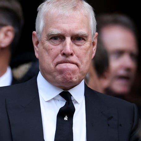 The former Prince Andrew reacts at the end of the Requiem Mass, on the day of the funeral of Britain's Katharine, Duchess of Kent, at Westminster Cathedral in London, Sept. 16, 2025.