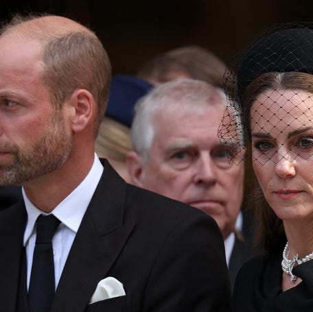 Prince William, from left, Prince Andrew and Princess Kate appear at a Requiem Mass, a Catholic funeral service, for the late Katharine, Duchess of Kent, at Westminster Cathedral in London on Sept. 16, 2025.