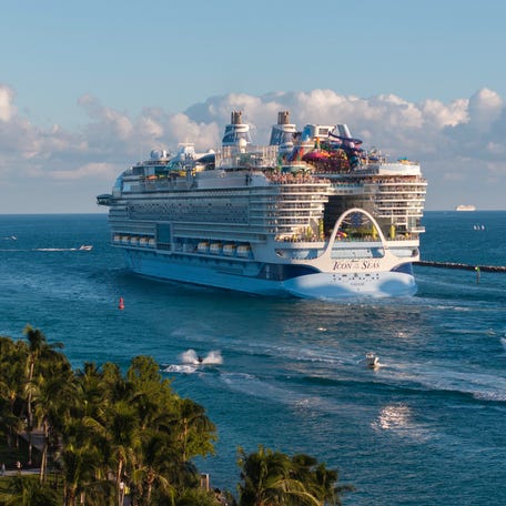 In an aerial view, Royal Caribbean's Icon of the Seas heads out to sea from PortMiami on February 03, 2024, in Miami, Florida.