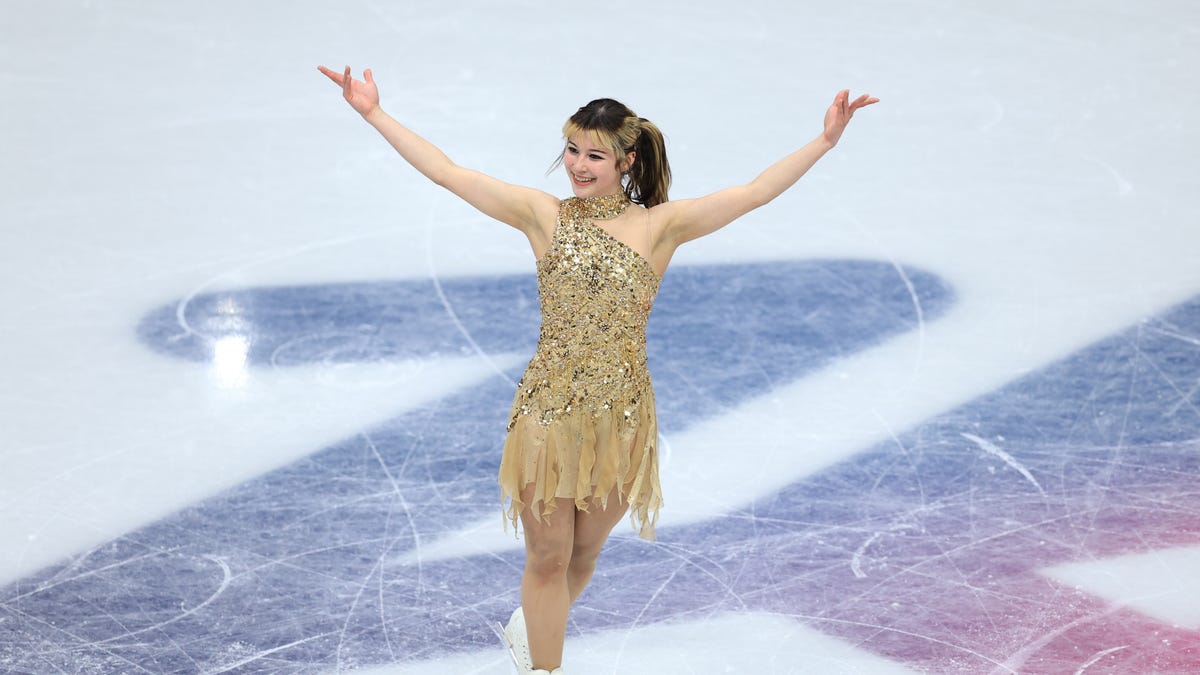Feb 19, 2026; Milan, Italy; Alysa Liu of the United States reacts after competing in the women's free skate during the Milano Cortina 2026 Olympic Winter Games at Milano Ice Skating Arena. Mandatory Credit: Katie Stratman-Imagn Images