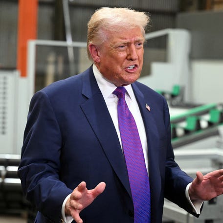 President Donald Trump speaks to reporters as he tours the Coosa Steel Corporation factory in Rome, Georgia, on Feb. 19, 2026.