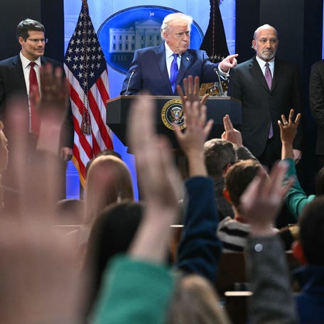 President Donald Trump takes question from reporters during a press conference in the Brady Press Briefing Room of the White House in Washington, D.C., on Feb. 20, 2026, to discuss the Supreme Court's ruling against a major part of his tariffs.