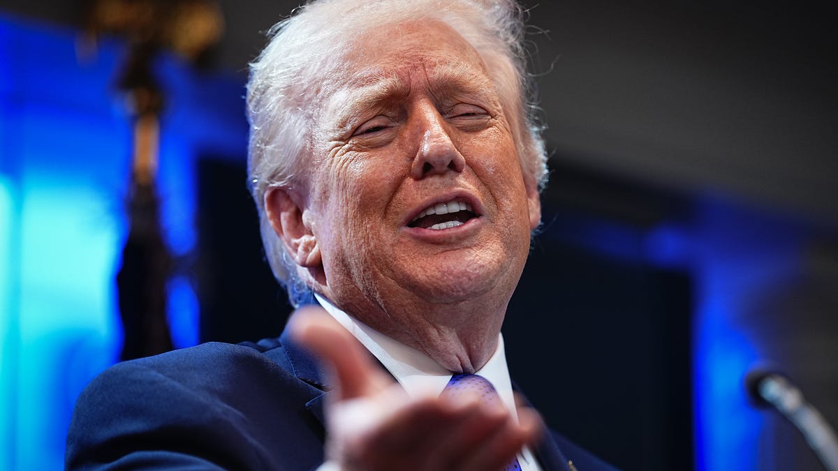 President Trump answers questions during a press briefing held at the White House Feb. 20, 2026, after the Supreme Court today ruled against his use of emergency powers to implement international trade tariffs, a central portion of the administration's economic policy.