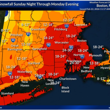 Worcester is in line for up to 2 feet of snow Sunday, Feb. 22, according to the National Weather Service.