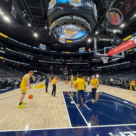 Michigan players shoot around before their game against Duke at Capital One Arena in Washington on Saturday, Feb. 21, 2026.