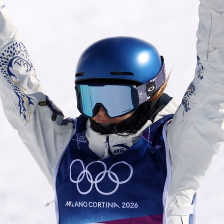 Eileen Gu of the People's Republic of China during the women's skiing halfpipe final during the Milano Cortina 2026 Olympic Winter Games at Livigno Snow Park.