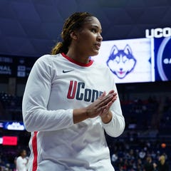 Feb 22, 2026; Storrs, Connecticut, USA; UConn Huskies forward Sarah Strong (21) warms up before the start of the game against the Providence Friars at Harry A. Gampel Pavilion. Mandatory Credit: David Butler II-Imagn Images
